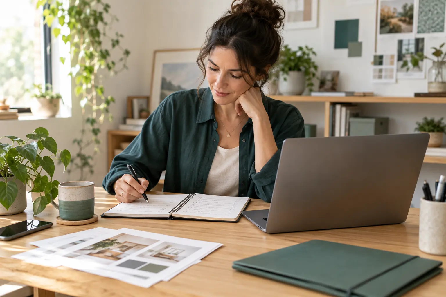 Independent professional reviewing project notes beside a laptop