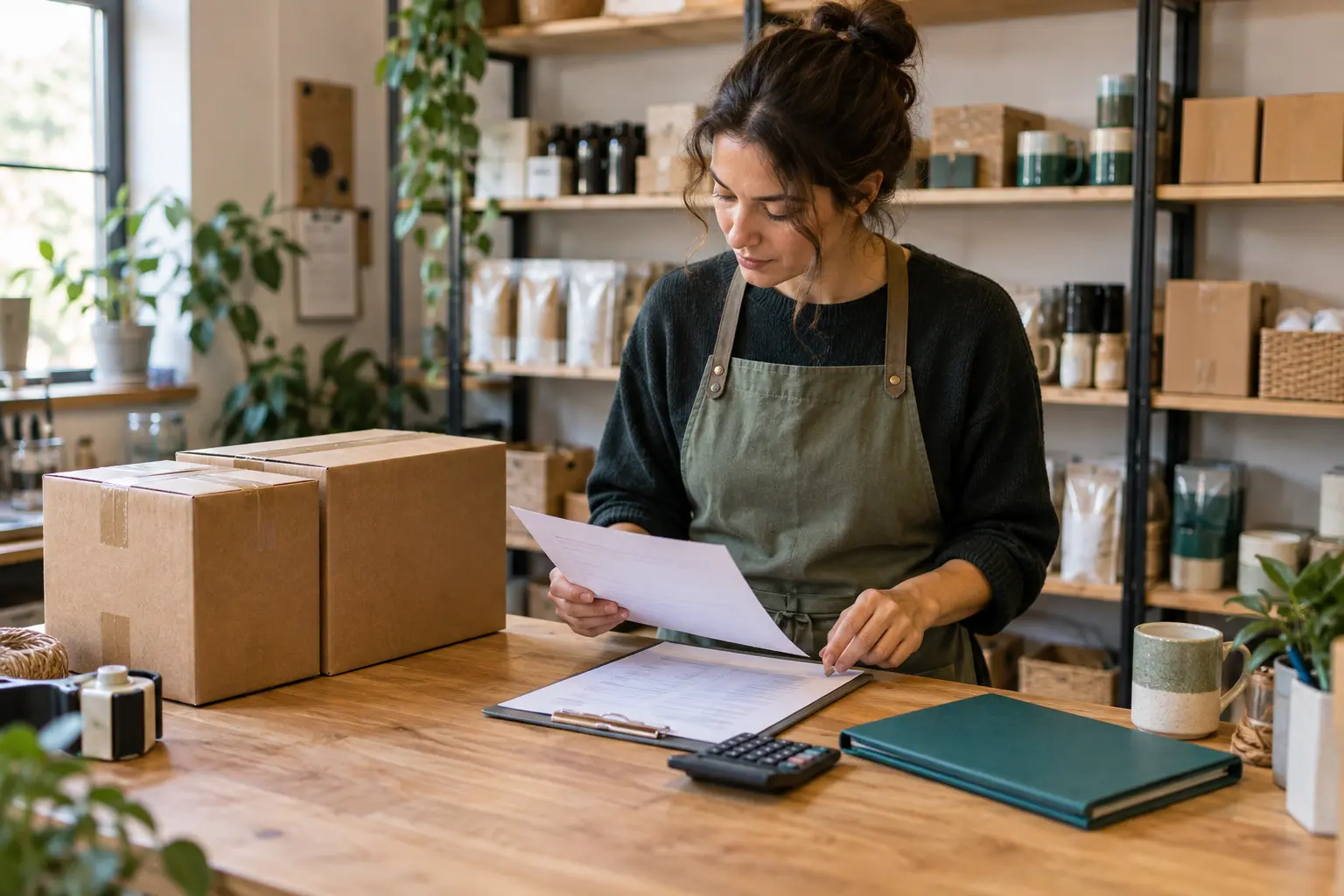 Business owner reviewing purchase documents beside received cartons