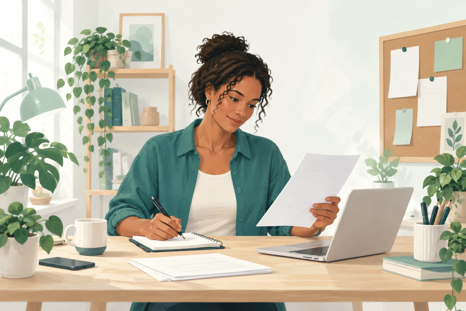 An independent consultant reviewing a proposal at her desk.