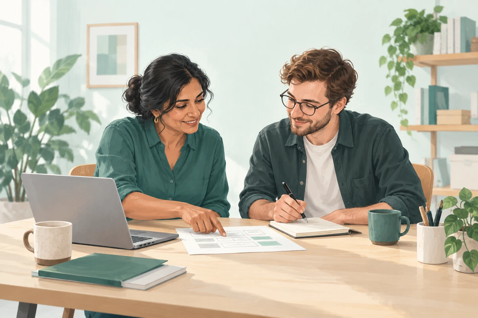 Two colleagues reviewing a client project together at a shared desk.
