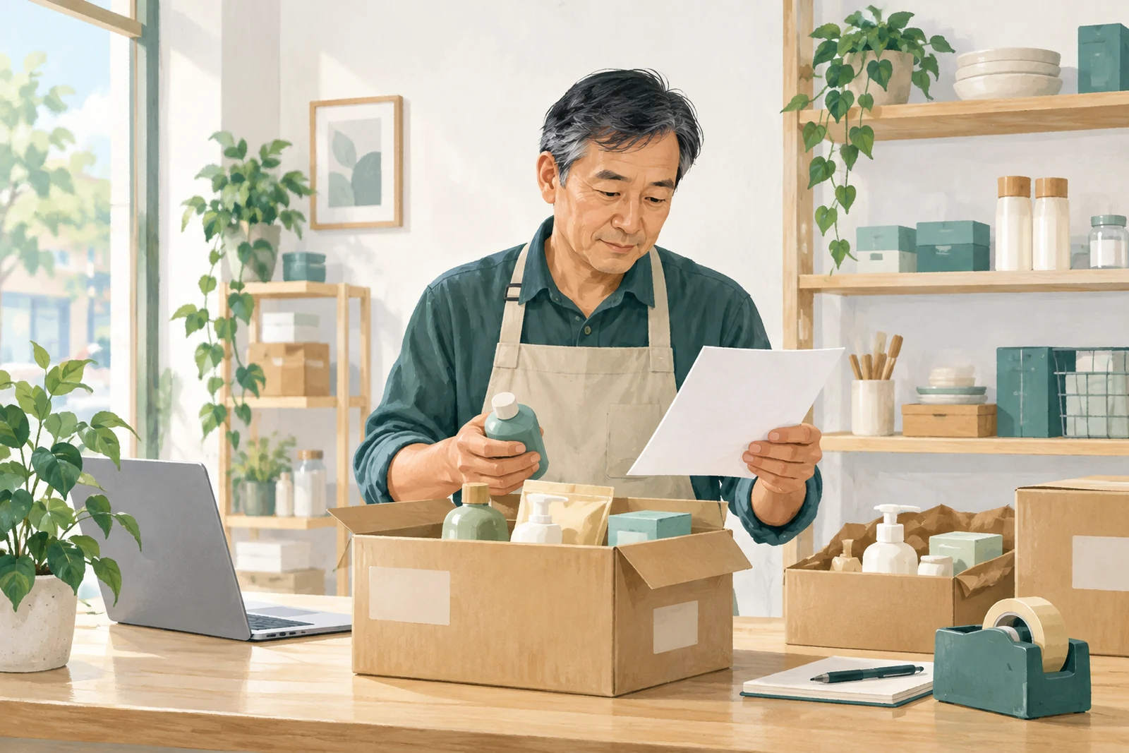 A shop owner checking a delivery against a paper record.