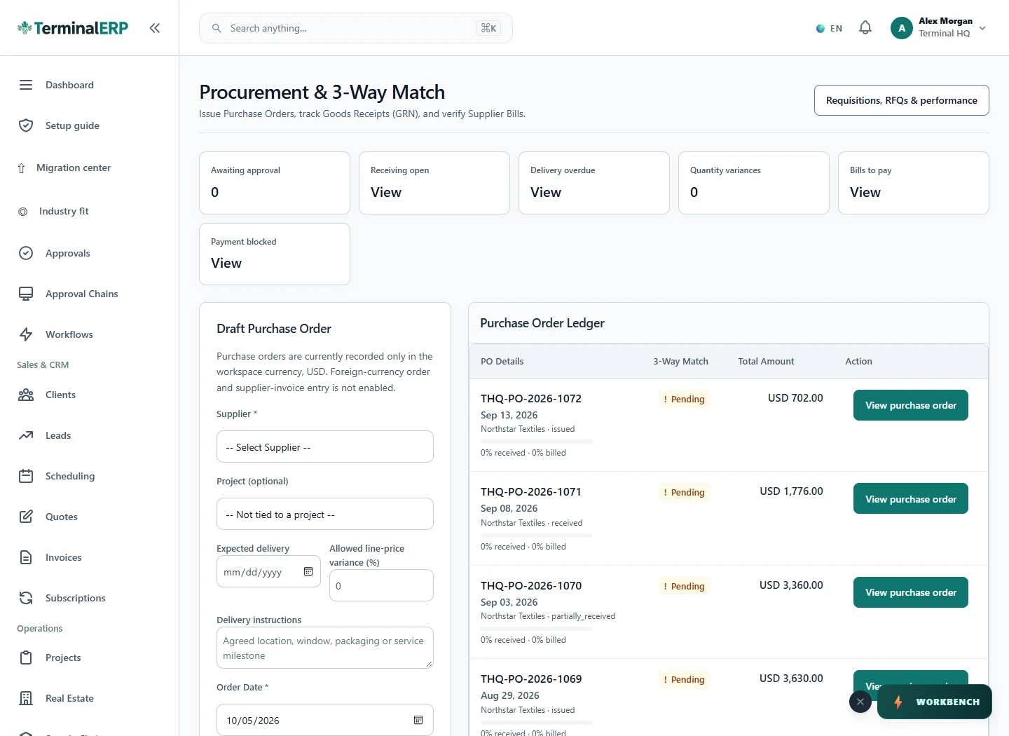 Current TerminalERP purchasing view showing supplier orders, received quantities and bill payment statuses.