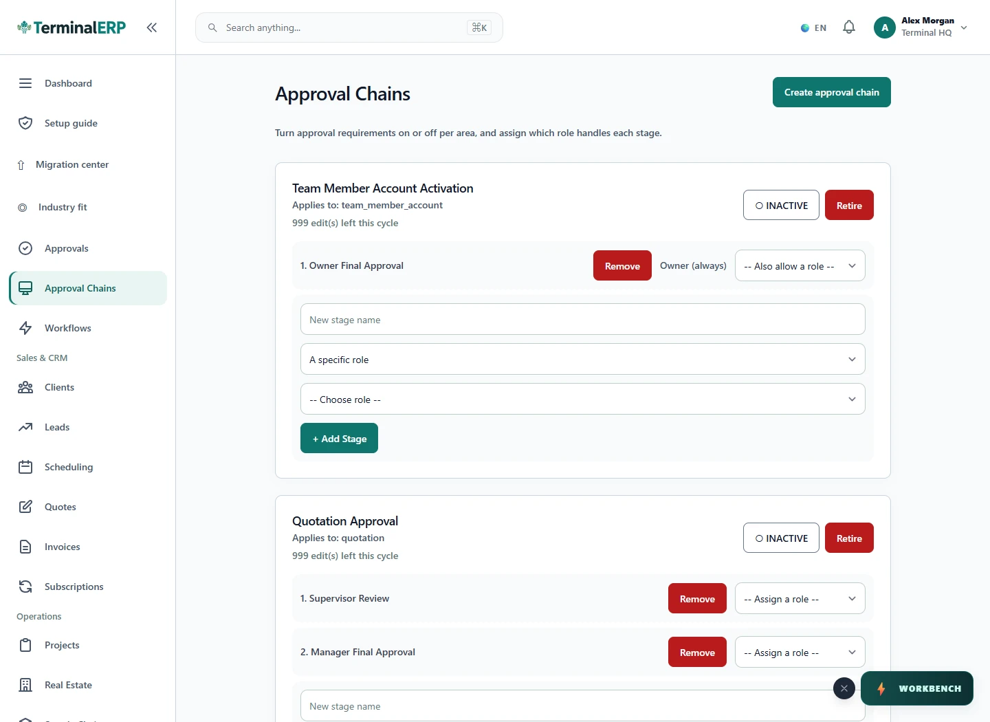 Current TerminalERP approval-chain settings showing an active operating expense review.