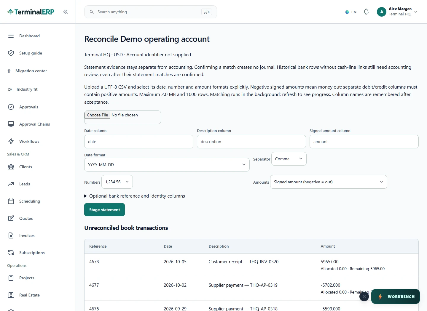Current TerminalERP reconciliation view showing statement evidence and recorded bank activity.