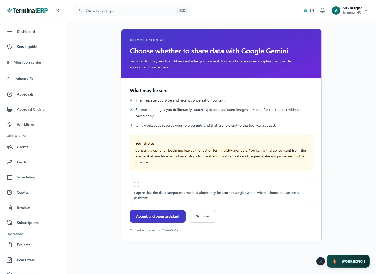 Current TerminalERP AI consent screen showing the selected provider, data-sharing boundaries and an explicit customer choice.