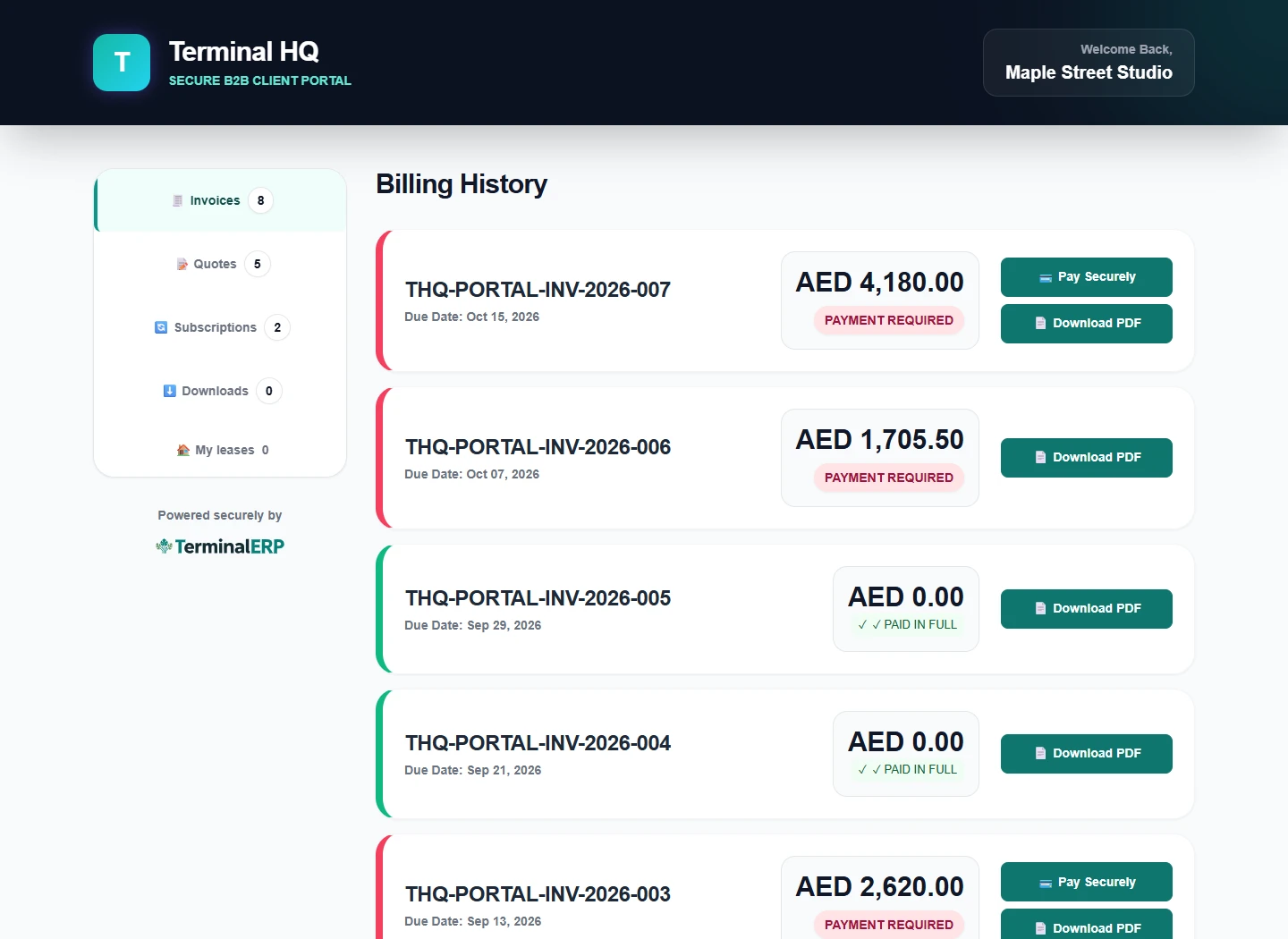 Current TerminalERP customer portal showing eight invoices, quotations, subscriptions, payment states and downloadable records.