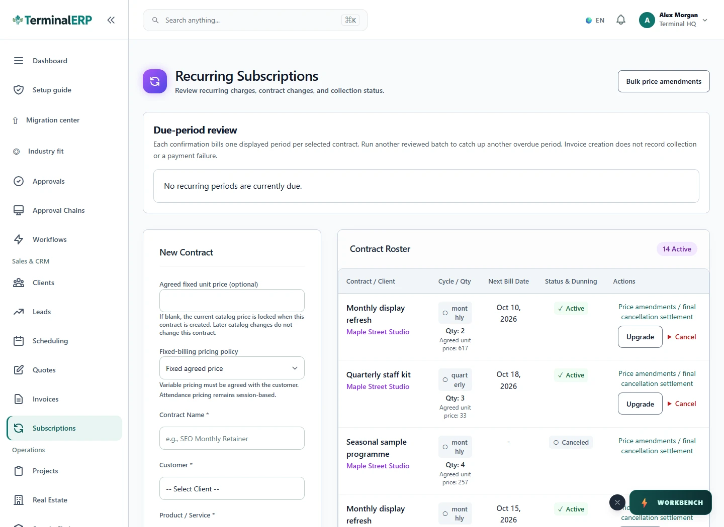 Current TerminalERP customer subscription register showing billing cycles, quantities and statuses.