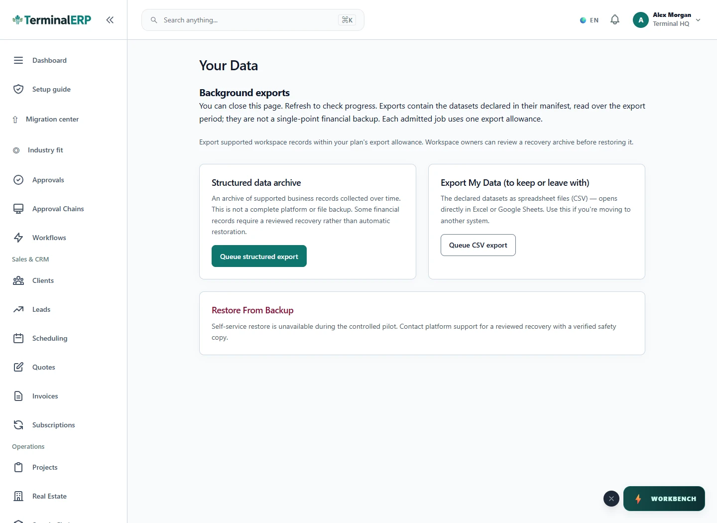 Current TerminalERP data export page showing readable export and backup controls.