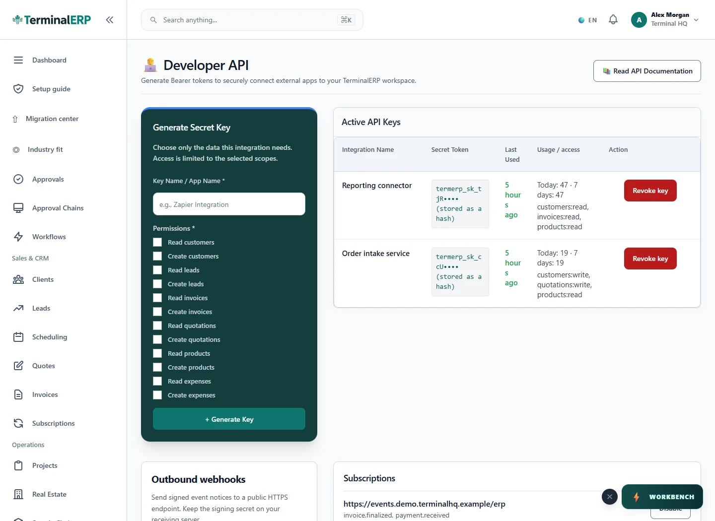 Current TerminalERP developer workspace showing active scoped API keys, usage counts and an outbound webhook subscription.