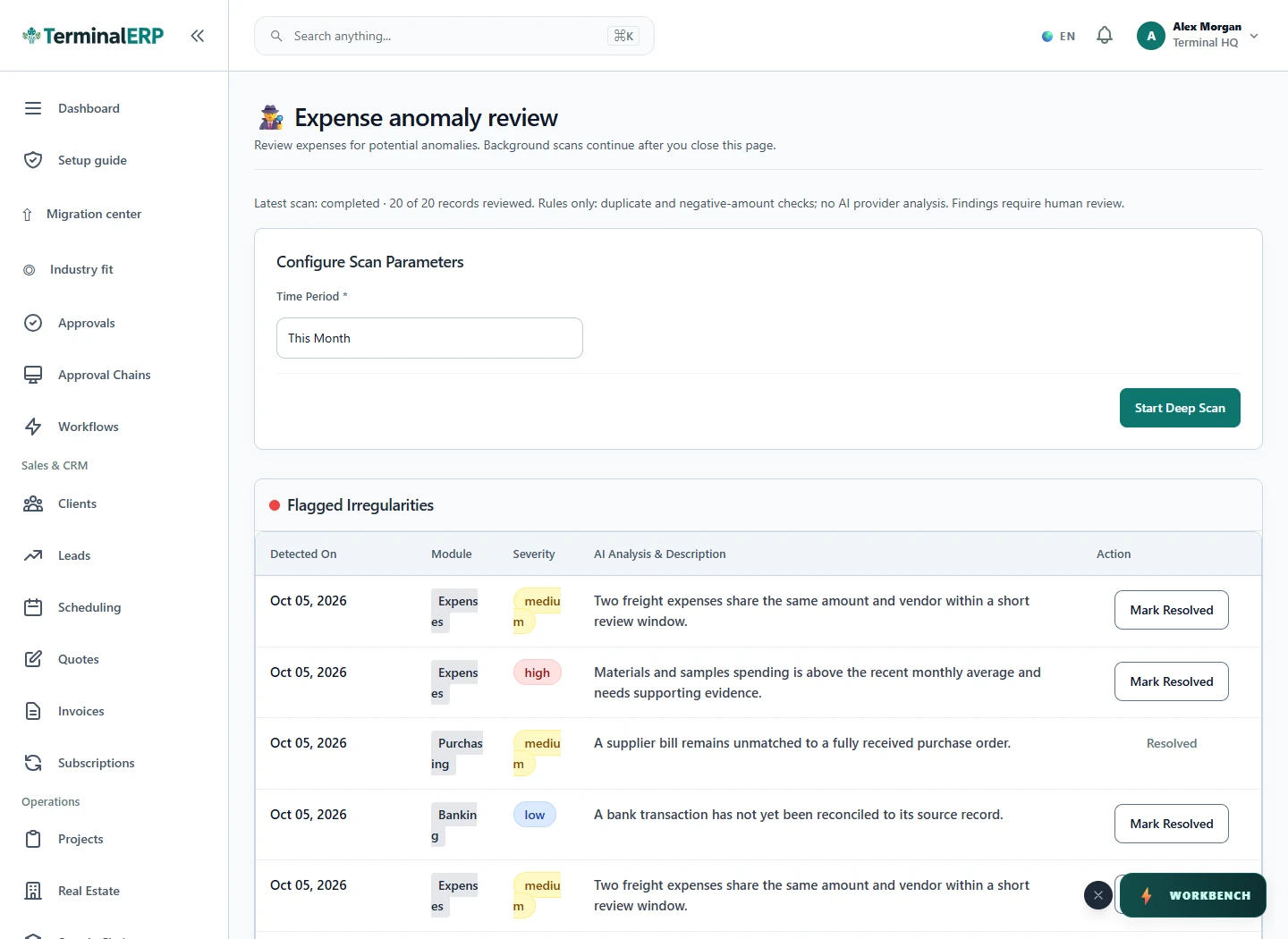 Current TerminalERP intelligence workspace showing a completed scan and populated expense, purchasing and banking findings.