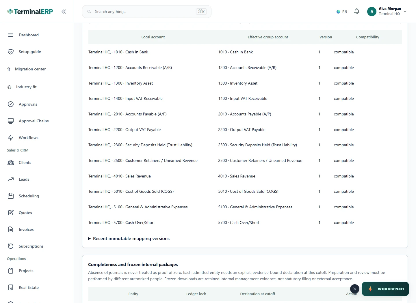 Current TerminalERP group reporting account table showing populated local-to-group mappings, versions and reviewed name compatibility.