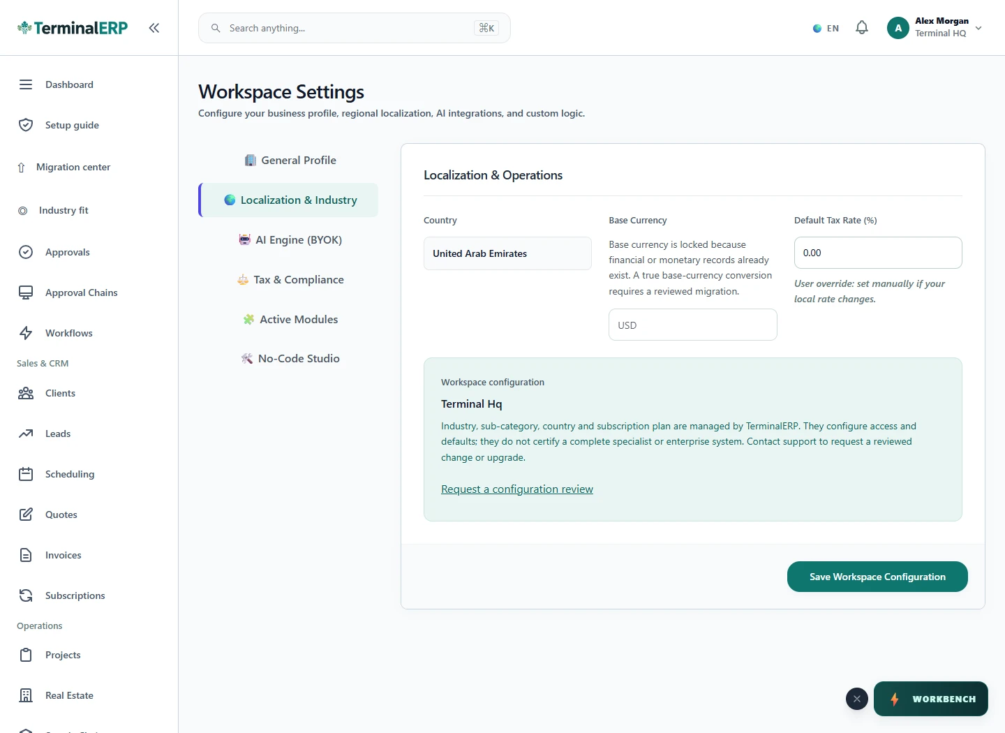 Current TerminalERP workspace settings for industry presentation and regional configuration.