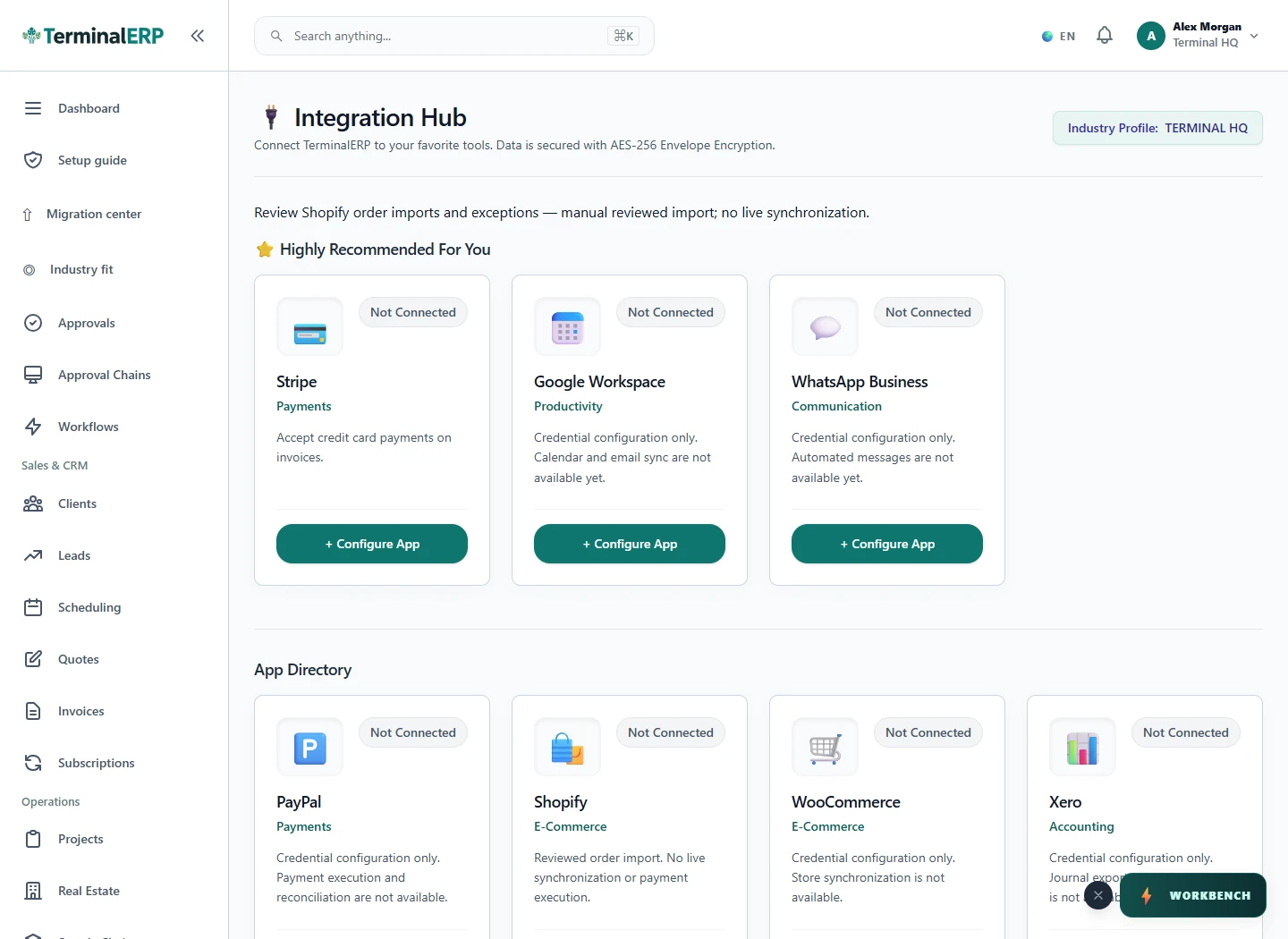 Current TerminalERP integrations workspace showing available business connectors and their connection states.