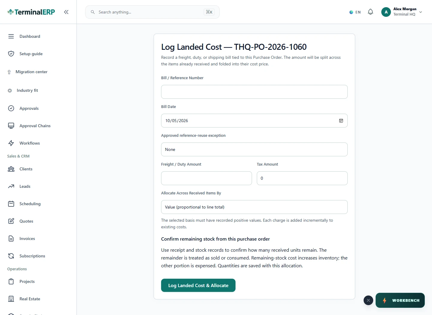Current TerminalERP landed-cost workflow showing a purchase order and additional cost allocation controls.