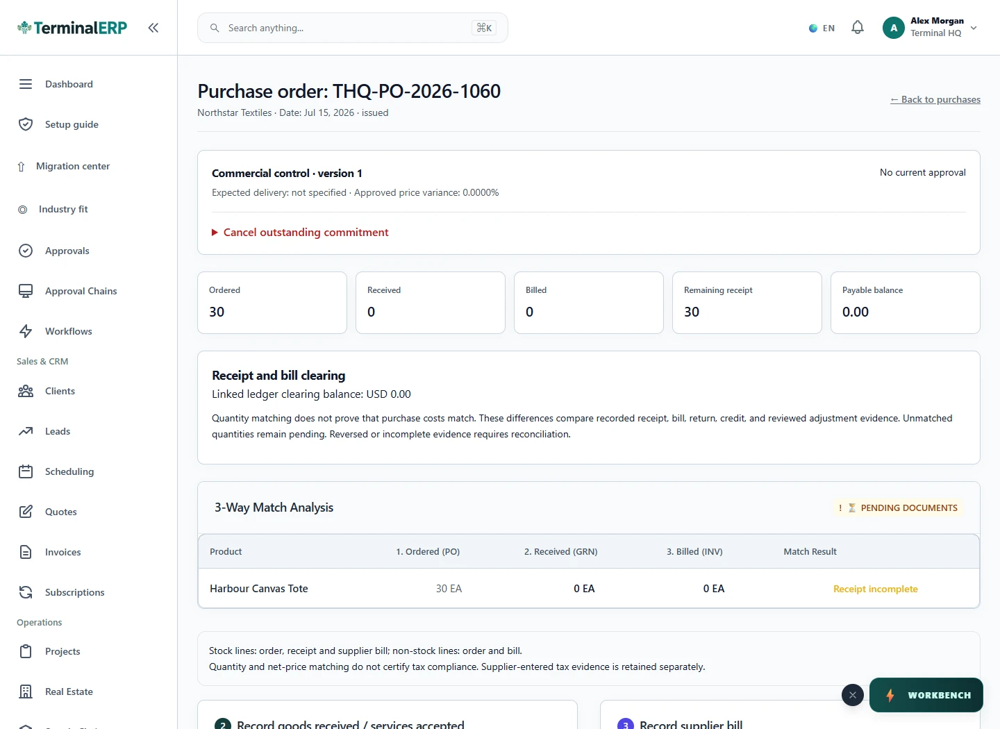 Current TerminalERP purchase order showing supplier, ordered quantities, receipts and bill matching status.