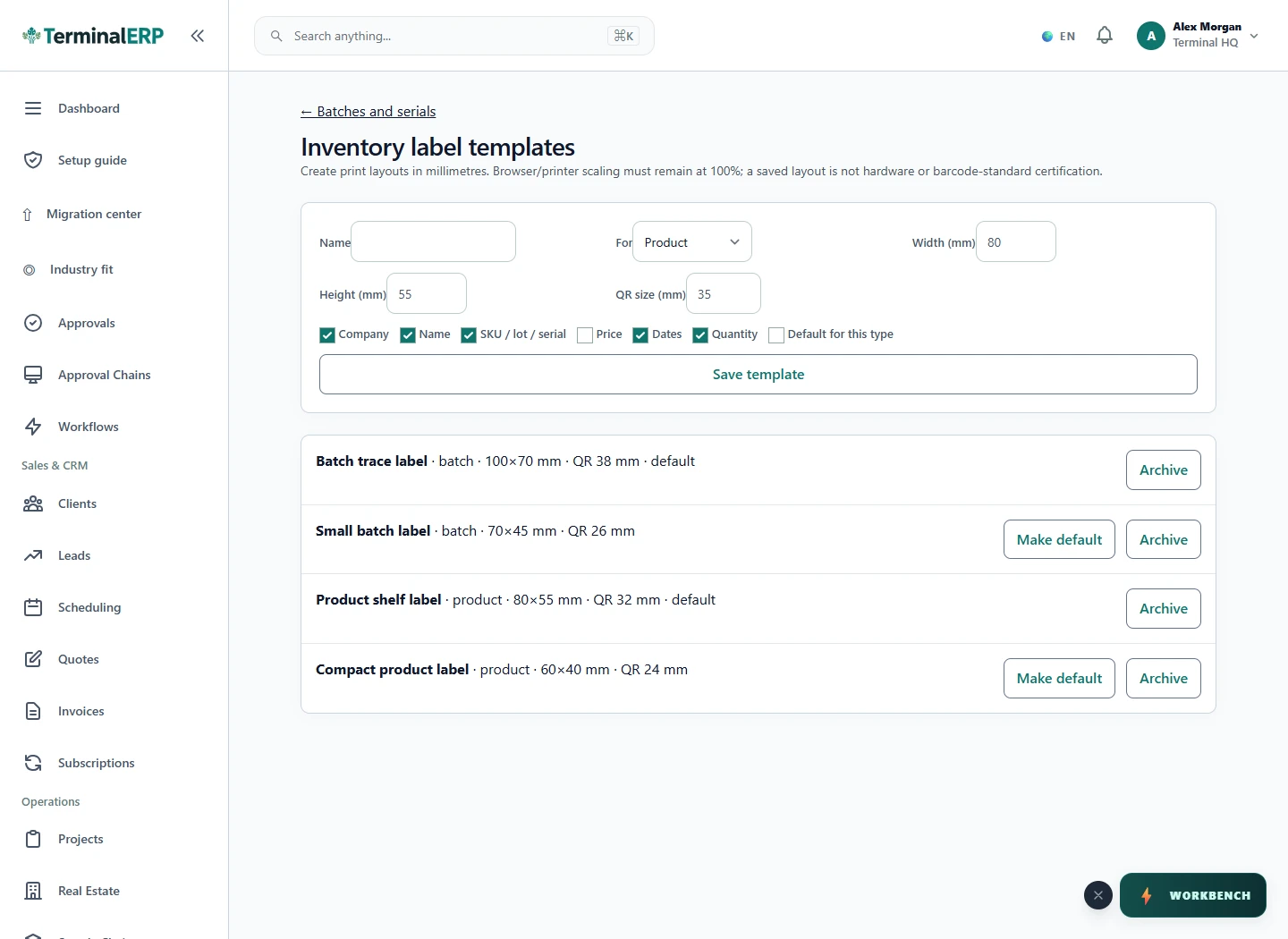 Current TerminalERP label-template workspace showing populated product and batch layouts with print dimensions.