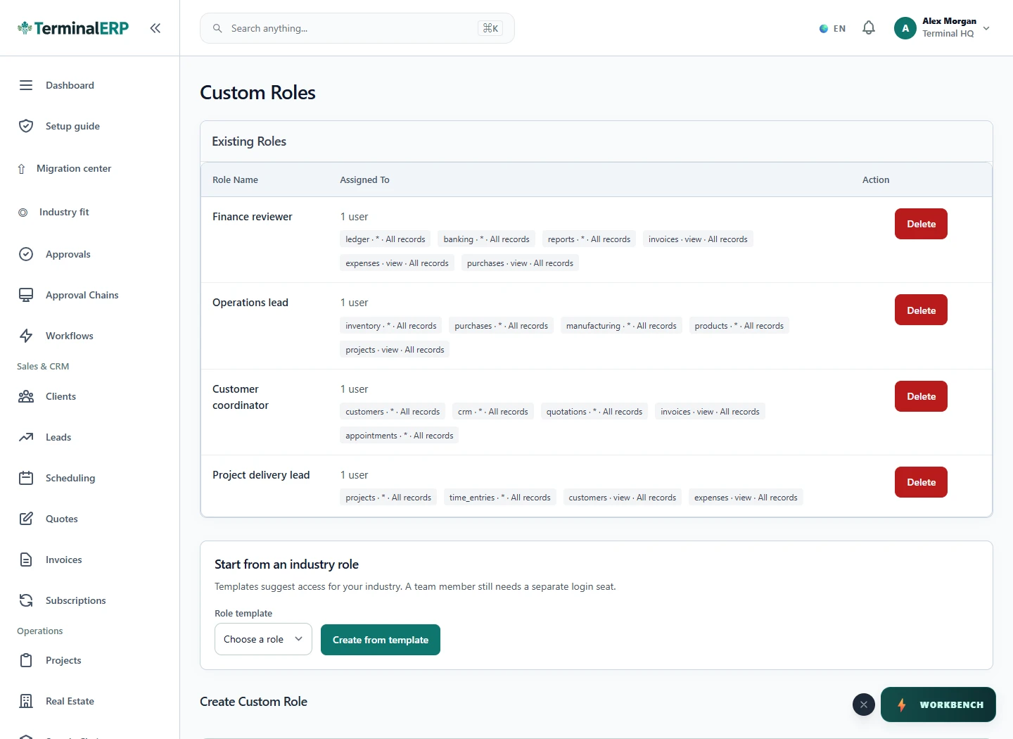Current TerminalERP role settings showing access permissions for a workspace role.