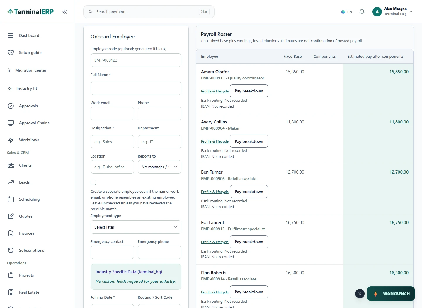 Current TerminalERP employee records showing team details and document expiry information.
