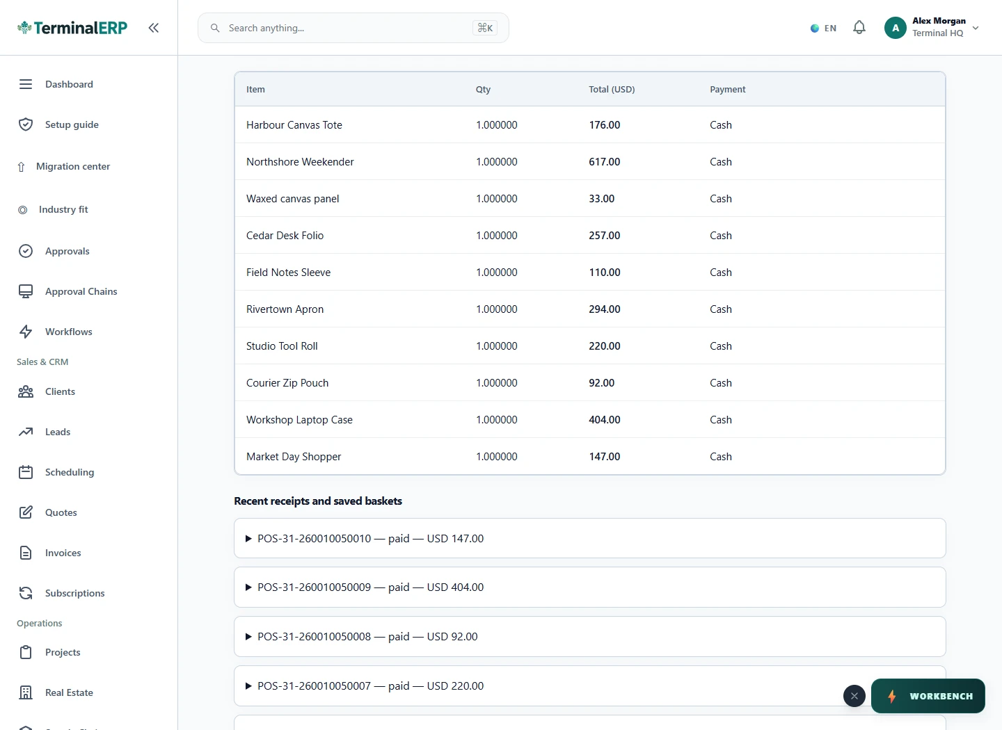 Current TerminalERP till register showing ten recorded counter sales with quantities, totals and payment methods.