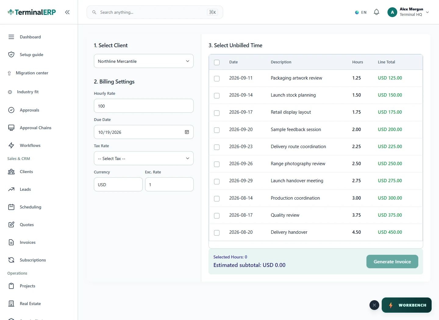 Current TerminalERP unbilled-time view showing a selected customer and eligible recorded work.