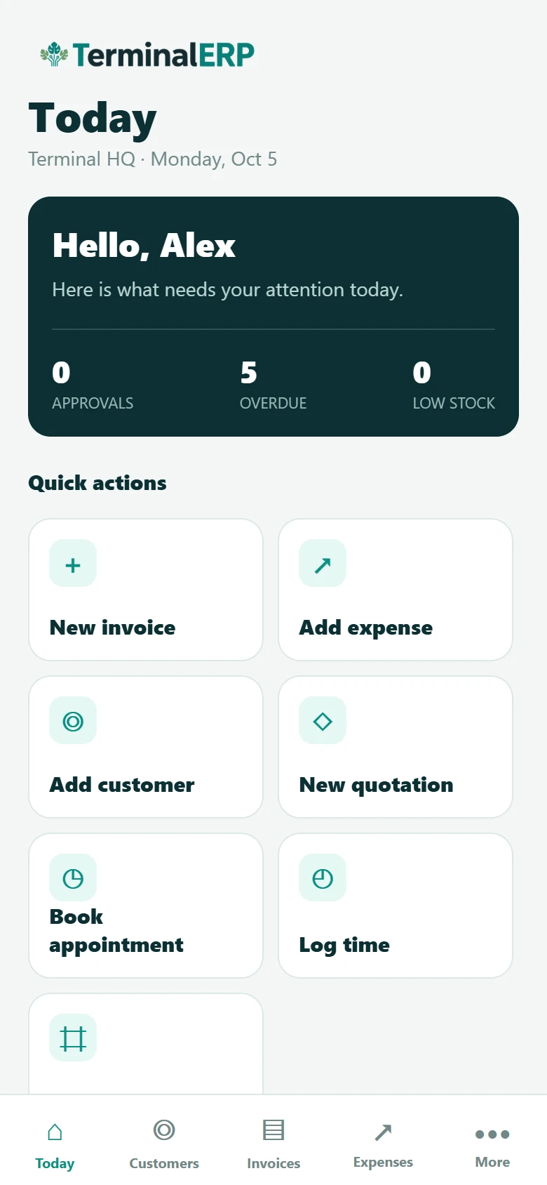 Current TerminalERP mobile app Today screen showing priorities and common business actions.