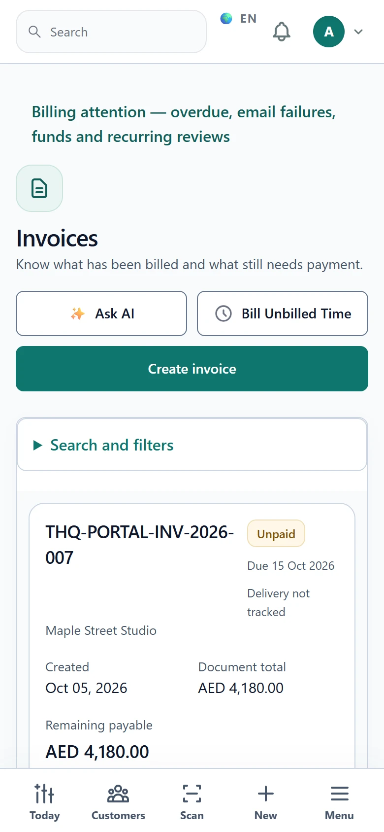 Current TerminalERP browser invoice register on a phone showing an invoice balance and payment status.