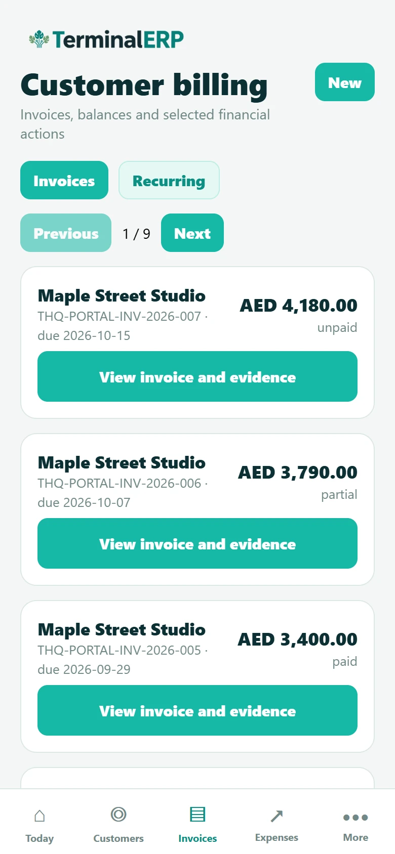 Current TerminalERP mobile app customer billing screen showing populated invoices, balances and statuses.