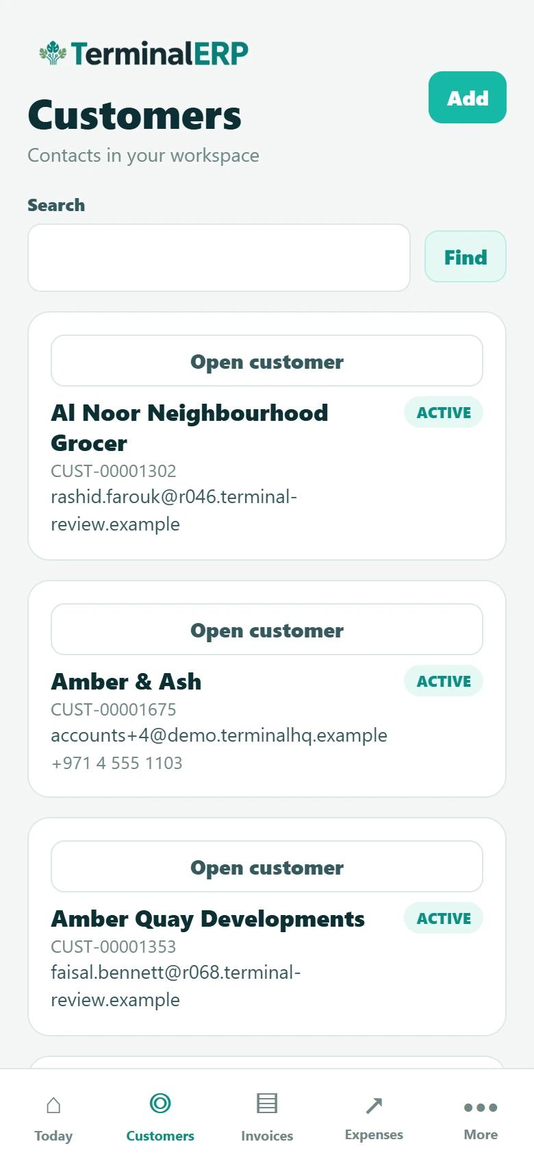 Current TerminalERP mobile app customer list showing populated contact records and statuses.