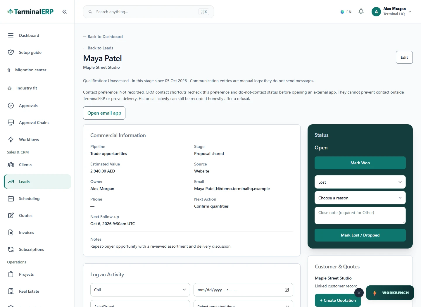 Current TerminalERP CRM opportunity showing value, stage, owner, follow-up and linked customer.