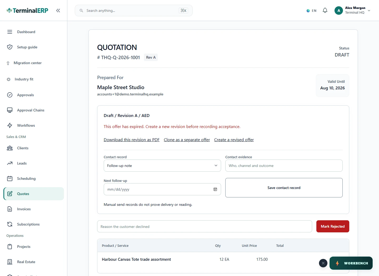 Current TerminalERP accepted quotation showing customer, priced line items and available next actions.