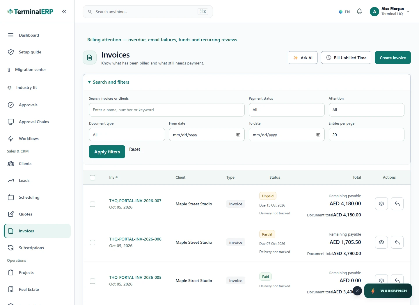 Current TerminalERP invoice register showing customers, due dates, payment statuses and remaining balances.