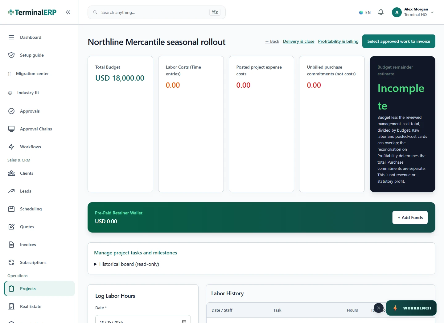 Current TerminalERP project workspace showing tasks, customer context and recorded work.