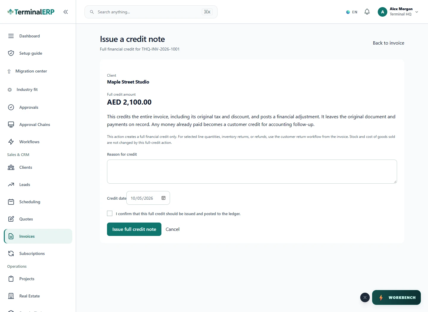 Current TerminalERP credit-note workflow for an existing customer invoice.