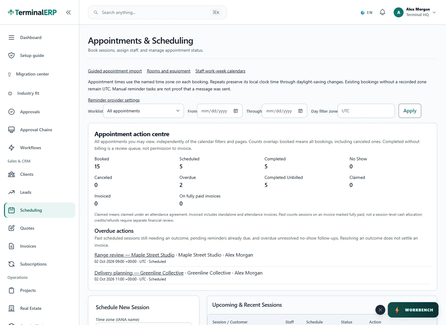 Current TerminalERP appointment schedule showing customers, dates, owners and statuses.