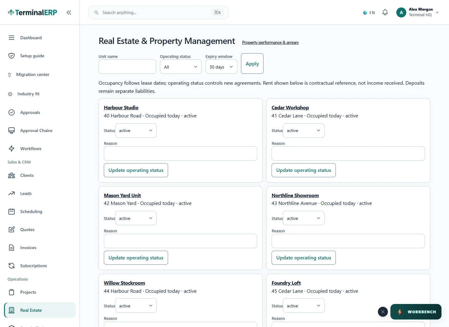 Current TerminalERP property register showing commercial units and active lease records.