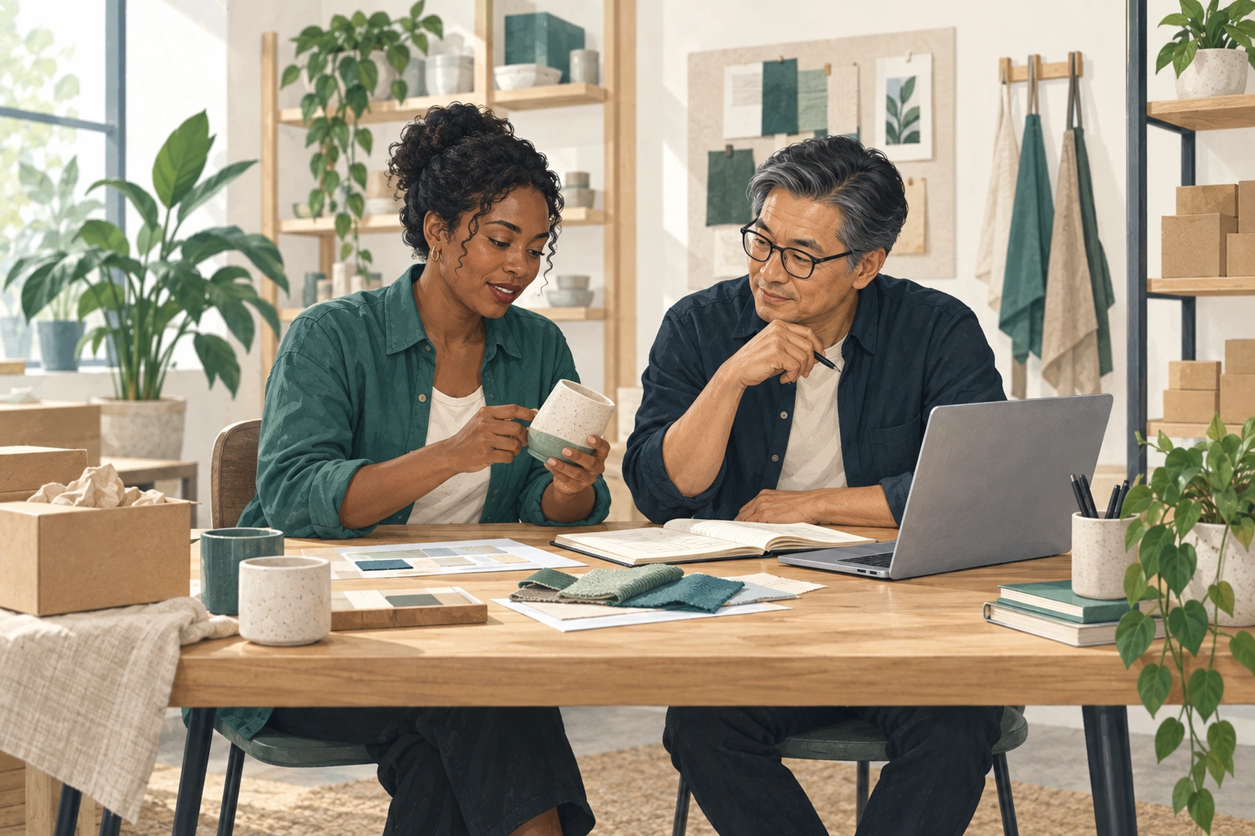 Two business owners discussing a ceramic sample at a shared table with a notebook and laptop.