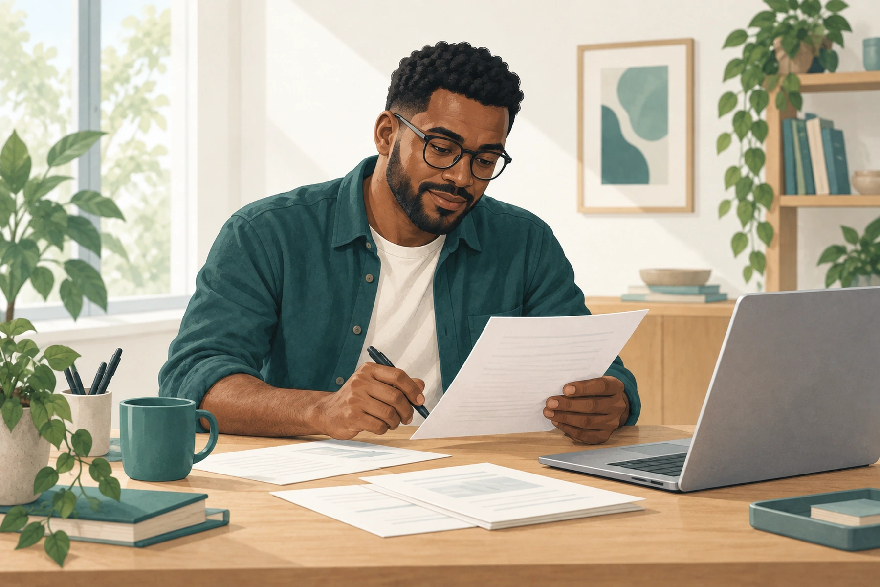 A professional reviewing a printed draft with a pen beside a laptop.