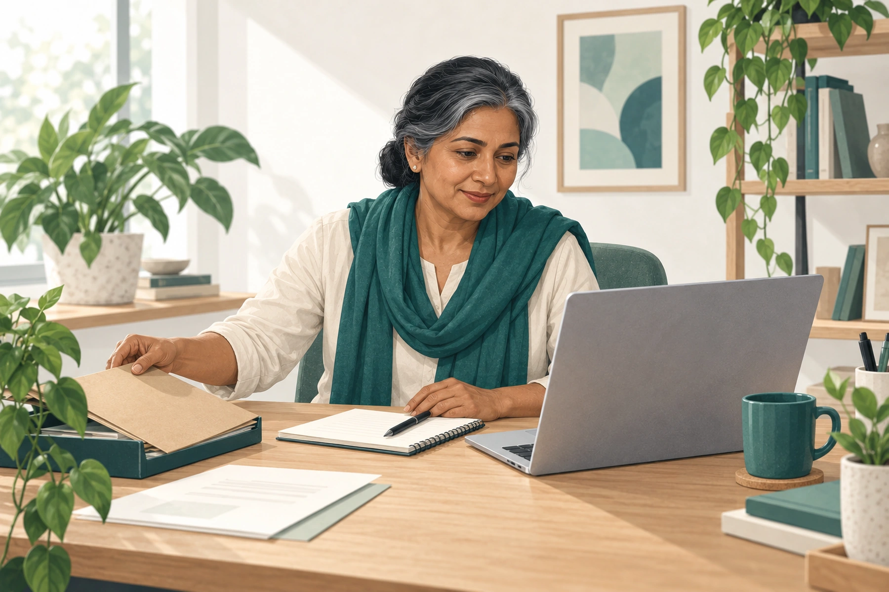 A business owner moving a folder beside a notebook while looking toward her laptop.