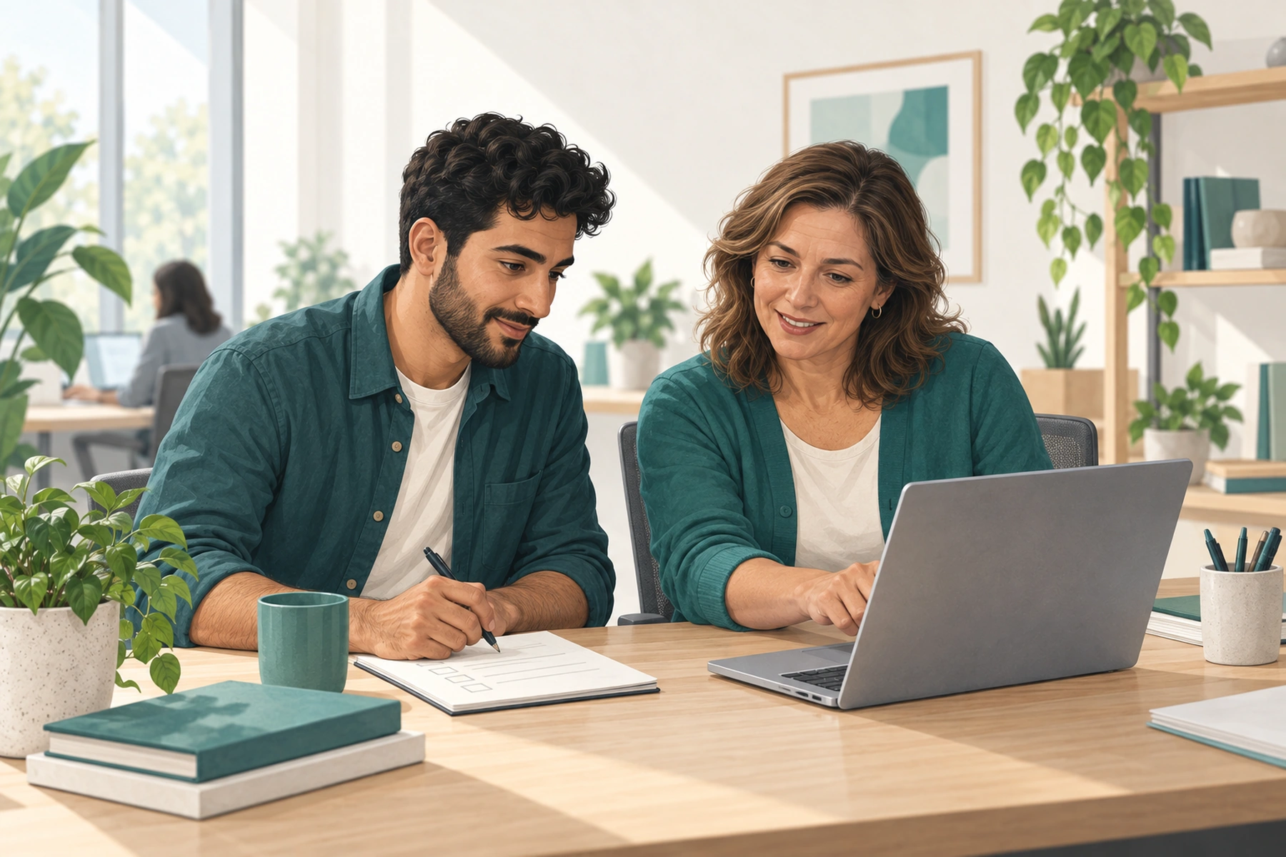 A team lead guiding a colleague at a laptop while he reviews a paper checklist.