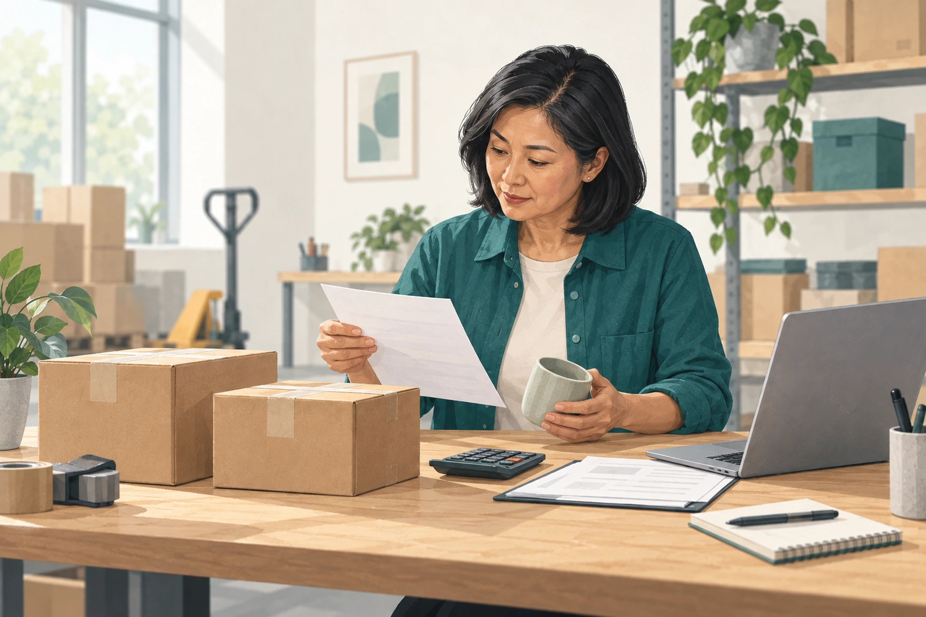 A trader checking a delivery note and product sample beside two cartons and a calculator.