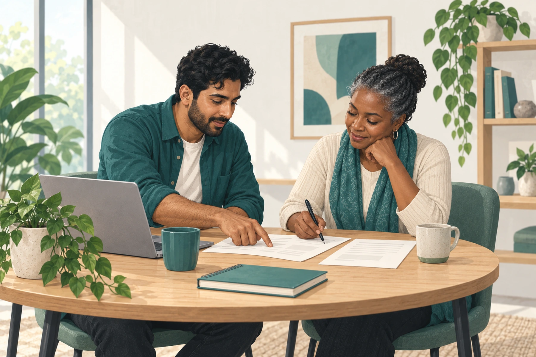 A project lead pointing to a brief while a client writes down their agreement.