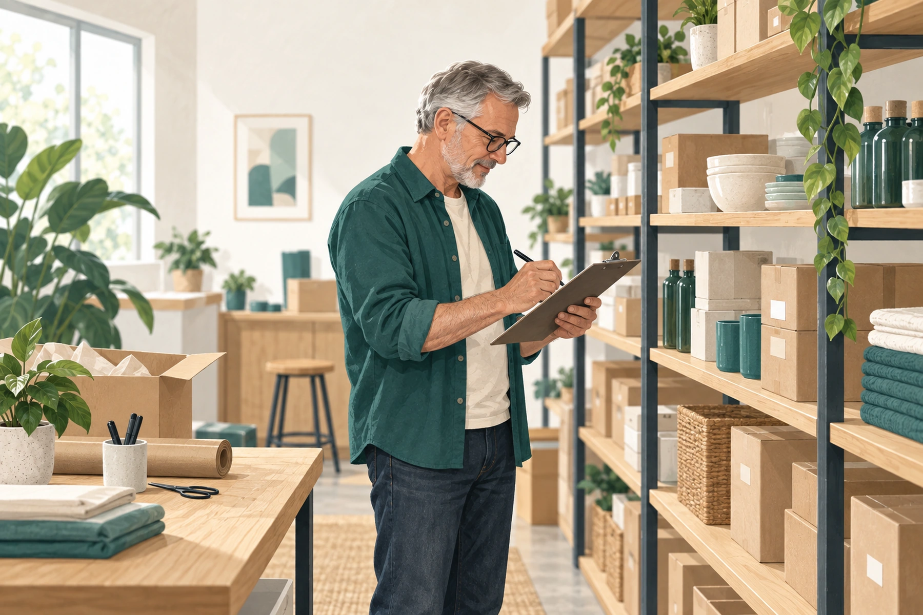 A shop owner recording a stock check on a clipboard beside shelves of household products.