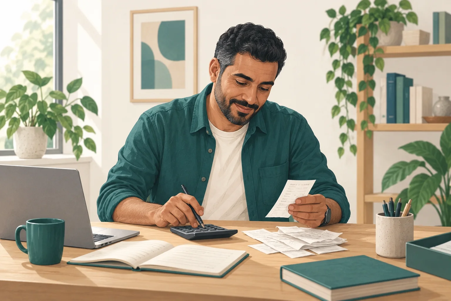 A bookkeeper checking a receipt with a calculator and an open notebook.