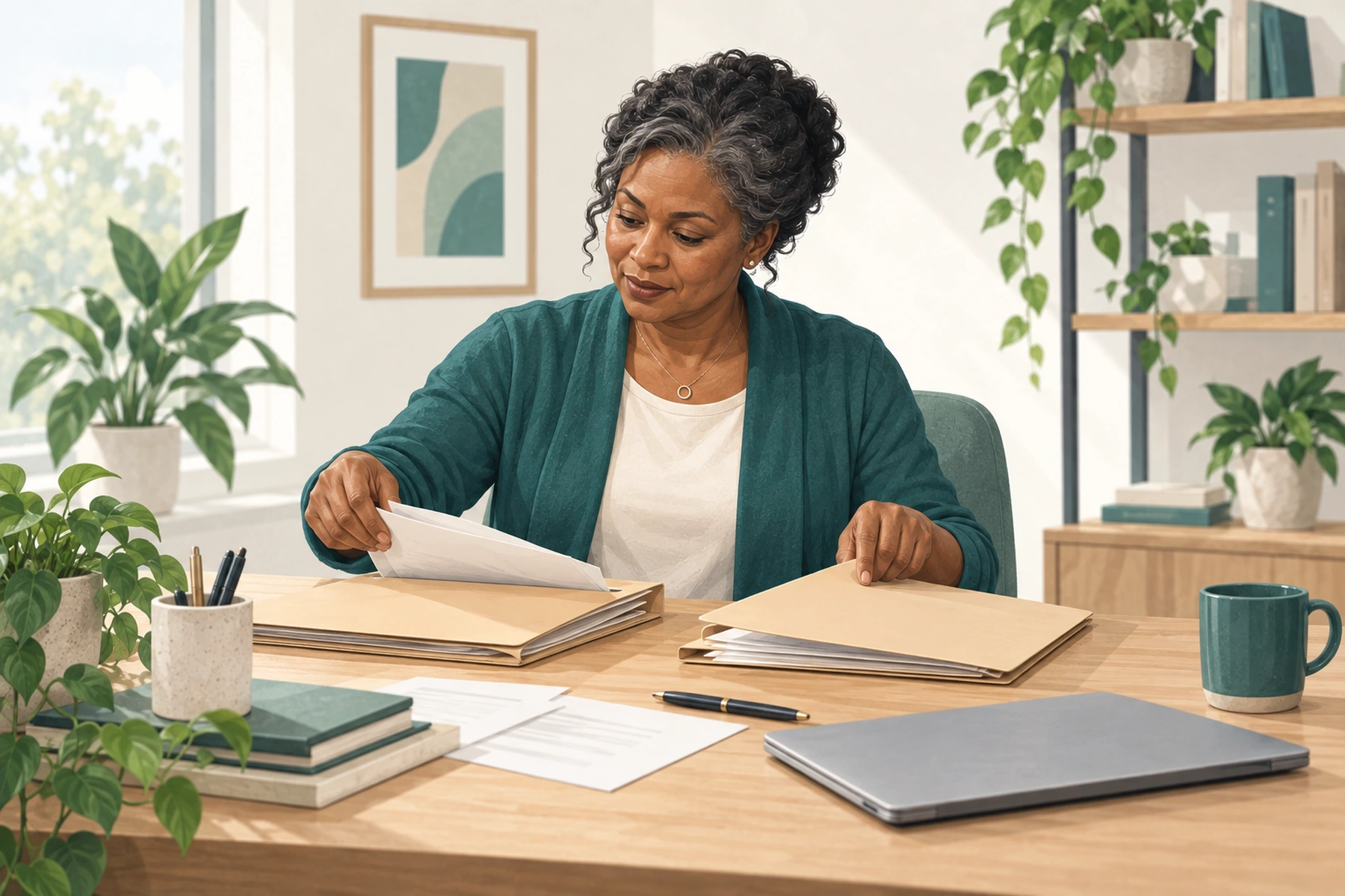 A professional organizing papers into two separate folders beside a closed laptop.