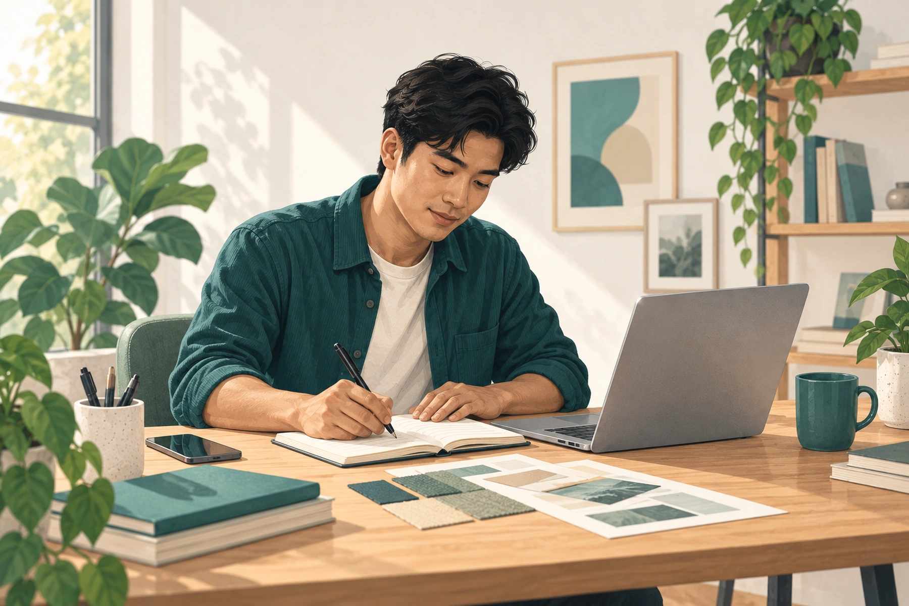 A freelance designer writing in a notebook beside a laptop and physical design samples.