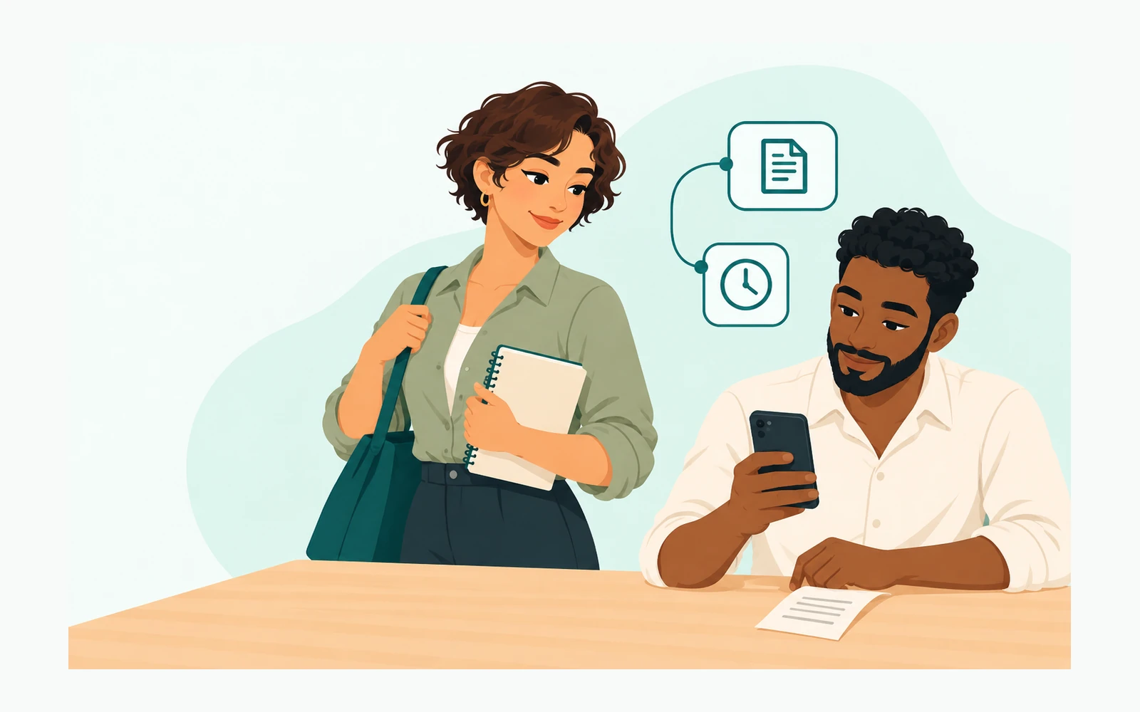 Small-business colleagues keeping a receipt and follow-up close to their working day.